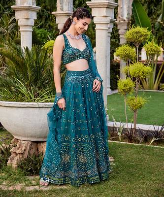 Teal Mirror Embroidered Choli, Lehenga And Dupatta Set 3