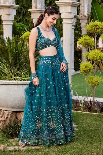Teal Mirror Embroidered Choli, Lehenga And Dupatta Set
