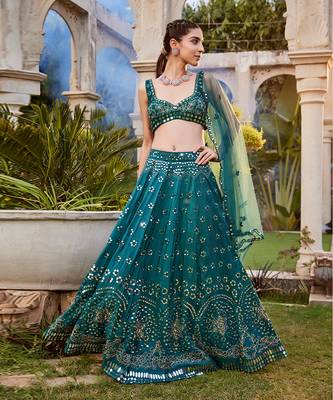 Teal Mirror Embroidered Choli, Lehenga And Dupatta Set 1