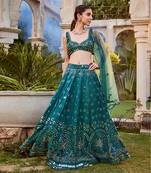 Teal Mirror Embroidered Choli, Lehenga And Dupatta Set