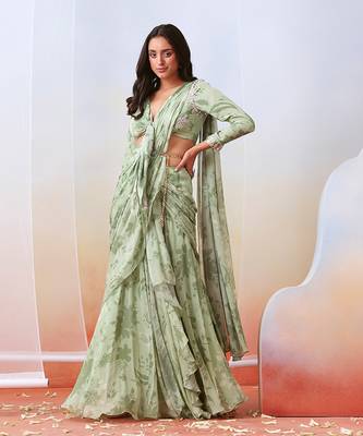 Sage Green Printed And Embroidered Pre Drape Saree Set 1