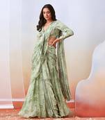 Sage Green Printed And Embroidered Pre Drape Saree Set