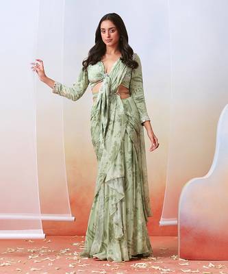 Sage Green Printed And Embroidered Pre Drape Saree Set 2