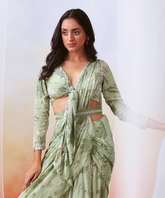 Sage Green Printed And Embroidered Pre Drape Saree Set 3