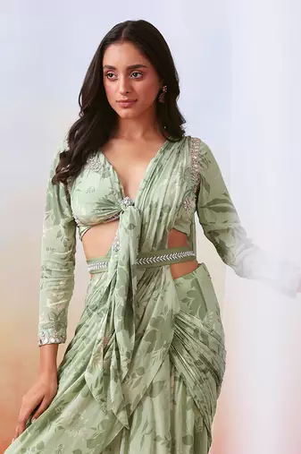 Sage Green Printed And Embroidered Pre Drape Saree Set