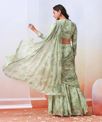 Sage Green Printed And Embroidered Pre Drape Saree Set 4