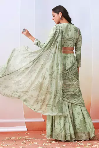 Sage Green Printed And Embroidered Pre Drape Saree Set