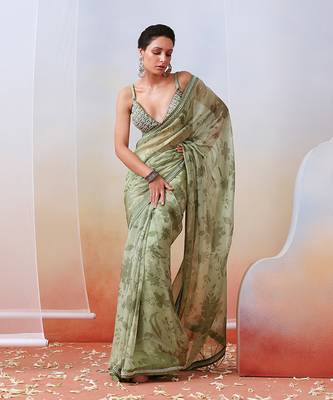 Sage Green Printed Embroidered Saree Set 1