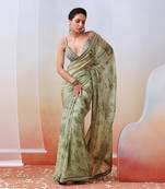 Sage Green Printed Embroidered Saree Set