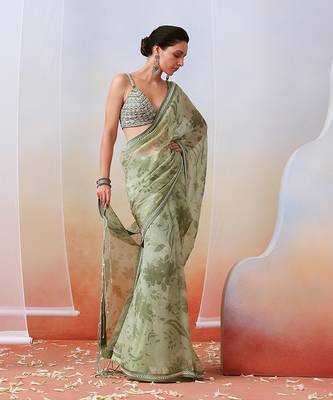 Sage Green Printed Embroidered Saree Set 2