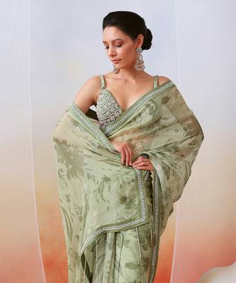 Sage Green Printed Embroidered Saree Set 3