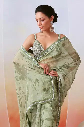 Sage Green Printed Embroidered Saree Set