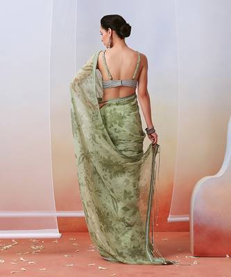 Sage Green Printed Embroidered Saree Set 4