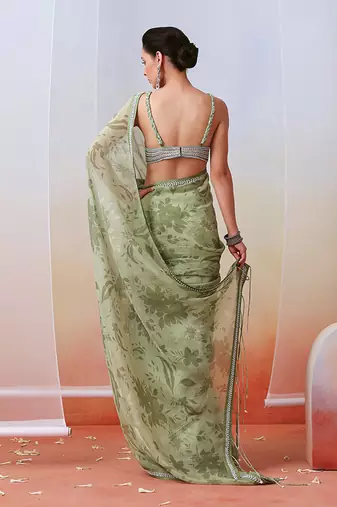Sage Green Printed Embroidered Saree Set