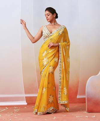 Yellow Printed Embroidered Saree Set 1