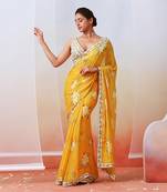 Yellow Printed Embroidered Saree Set
