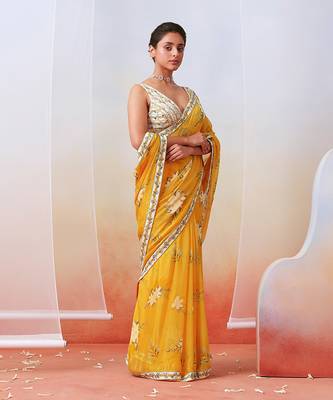 Yellow Printed Embroidered Saree Set 2