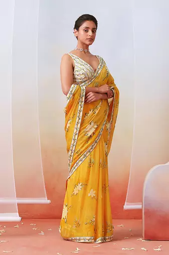 Yellow Printed Embroidered Saree Set