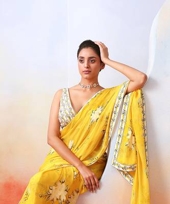 Yellow Printed Embroidered Saree Set 3