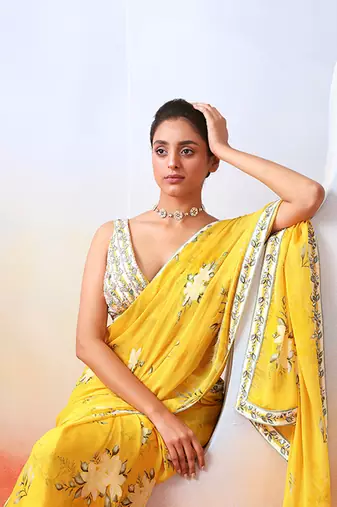 Yellow Printed Embroidered Saree Set