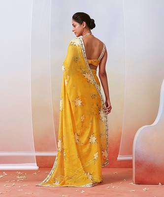 Yellow Printed Embroidered Saree Set 4