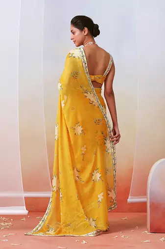 Yellow Printed Embroidered Saree Set