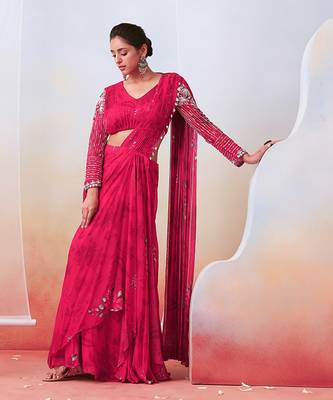 Pink Floral Printed And Embroidered Pre Stitched Saree Set 1