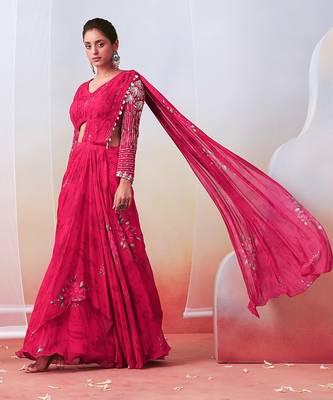 Pink Floral Printed And Embroidered Pre Stitched Saree Set 2
