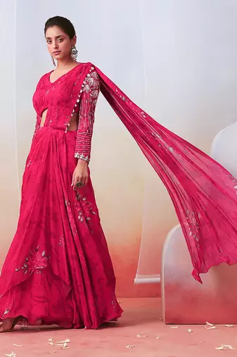 Pink Floral Printed And Embroidered Pre Stitched Saree Set
