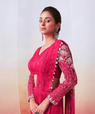 Pink Floral Printed And Embroidered Pre Stitched Saree Set 3