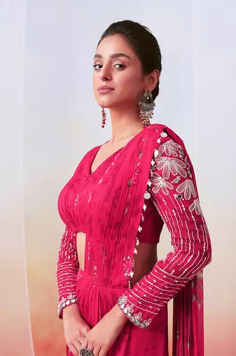Pink Floral Printed And Embroidered Pre Stitched Saree Set