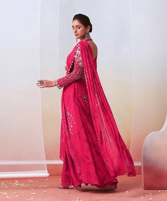 Pink Floral Printed And Embroidered Pre Stitched Saree Set 4