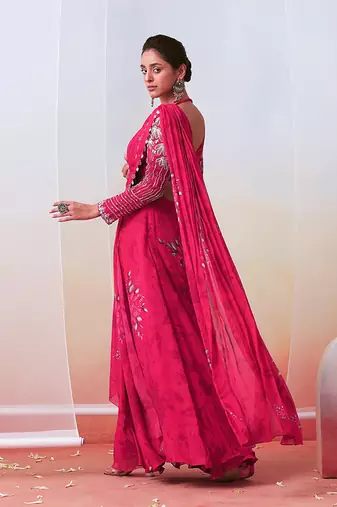 Pink Floral Printed And Embroidered Pre Stitched Saree Set