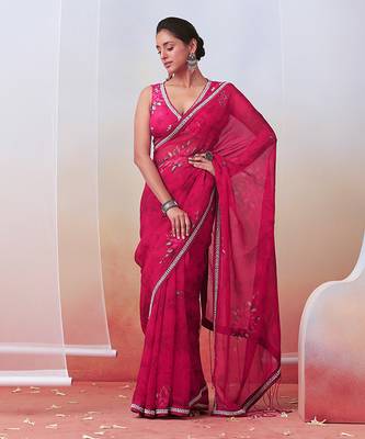 Pink Printed And Embroidered Saree Set 1
