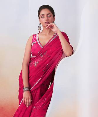 Pink Printed And Embroidered Saree Set 2