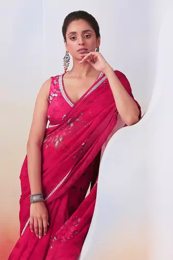 Pink Printed And Embroidered Saree Set