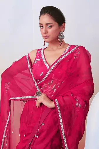 Pink Printed And Embroidered Saree Set