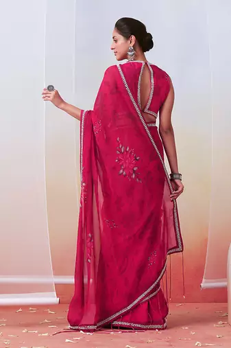 Pink Printed And Embroidered Saree Set