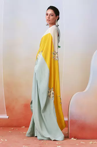 Multi Color Block Embroidered Saree Set