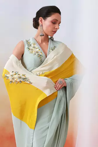 Multi Color Block Embroidered Saree Set