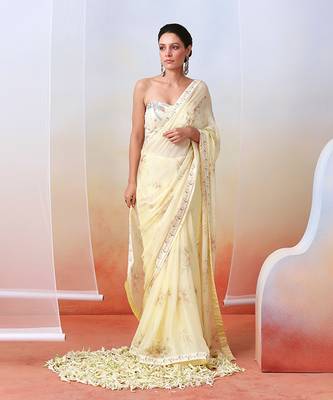 Off White Printed And Embroidered Saree Set 1