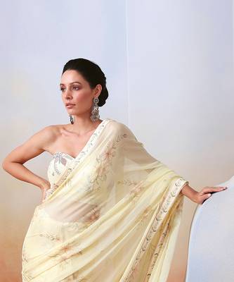 Off White Printed And Embroidered Saree Set 2
