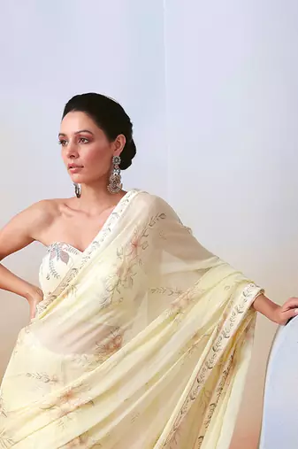 Off White Printed And Embroidered Saree Set
