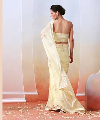 Off White Printed And Embroidered Saree Set 3