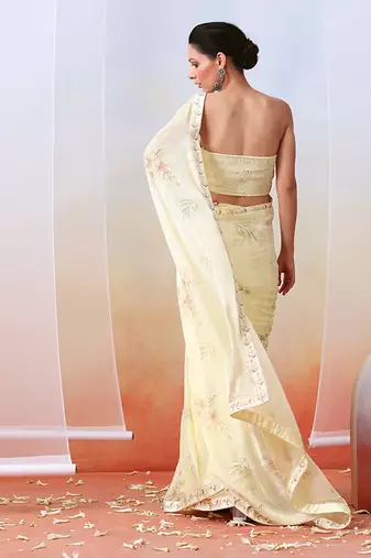 Off White Printed And Embroidered Saree Set