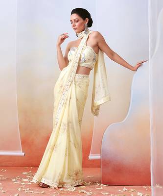 Off White Printed And Embroidered Saree Set 4