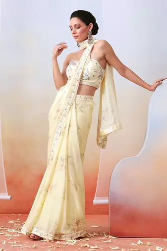 Off White Printed And Embroidered Saree Set