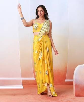 Yellow Printed Pre Stitched Saree Set 1
