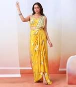 Yellow Printed Pre Stitched Saree Set