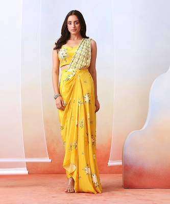 Yellow Printed Pre Stitched Saree Set 2